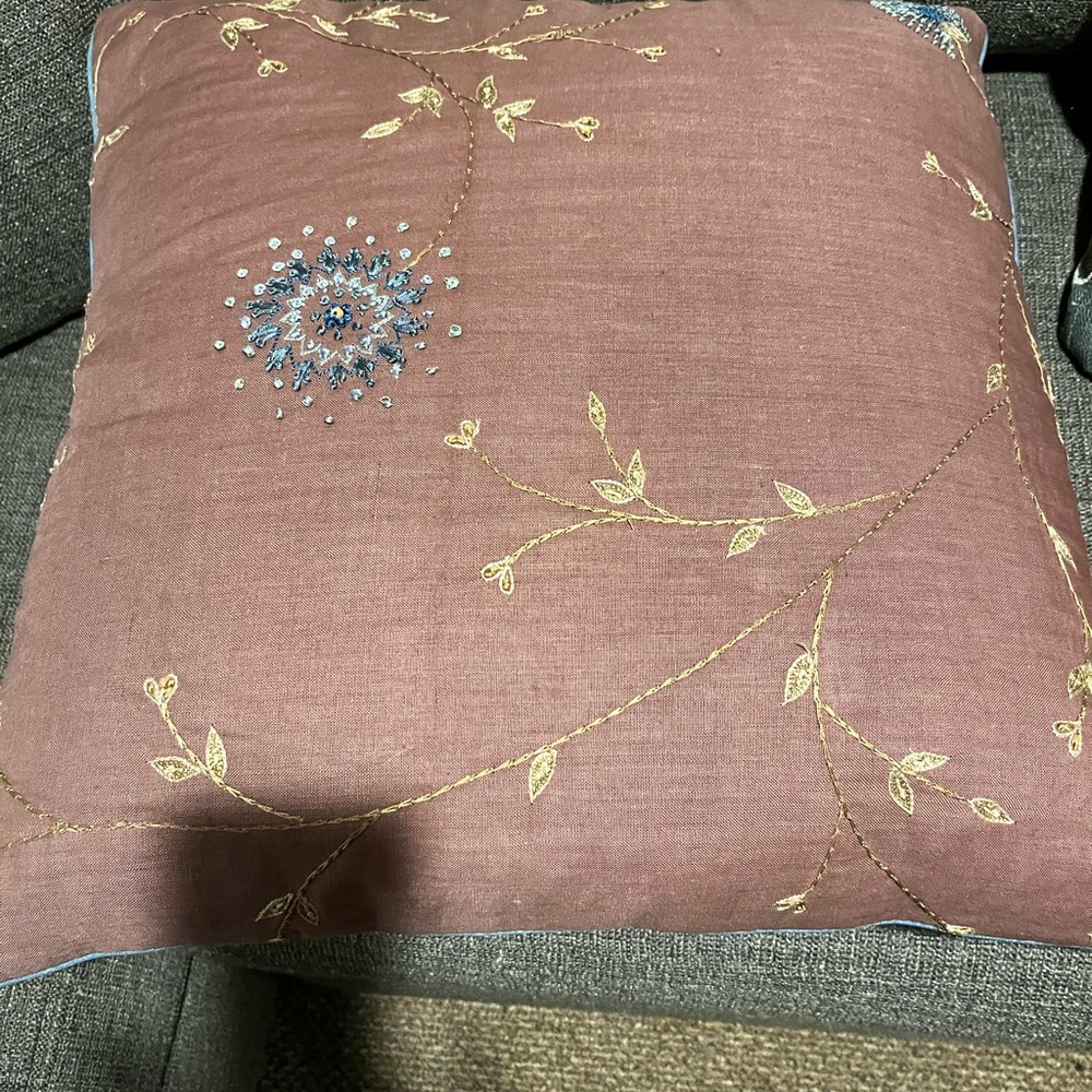 Embroidered Mauve Decorative Throw Pillow with Beaded Detail